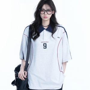 Oversized Black Short Sleeve T-Shirt for Women with American Street Style Collar and Quote, Casual Y2K Fashion Top