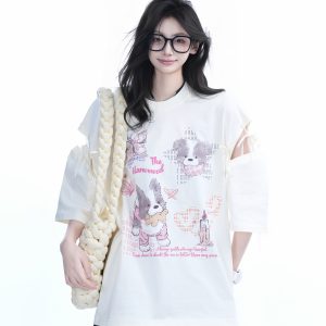 Oversized Cute Bow Half-Sleeve T-Shirt for Women - Sweet Short-Sleeve Tee with Mountain Graphic, Trendy Casual Style