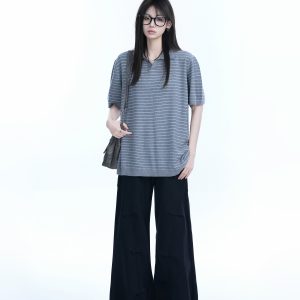 Oversized Retro American-Style Striped Short Sleeve T-Shirt for Women - Heavyweight Casual Fashion Top