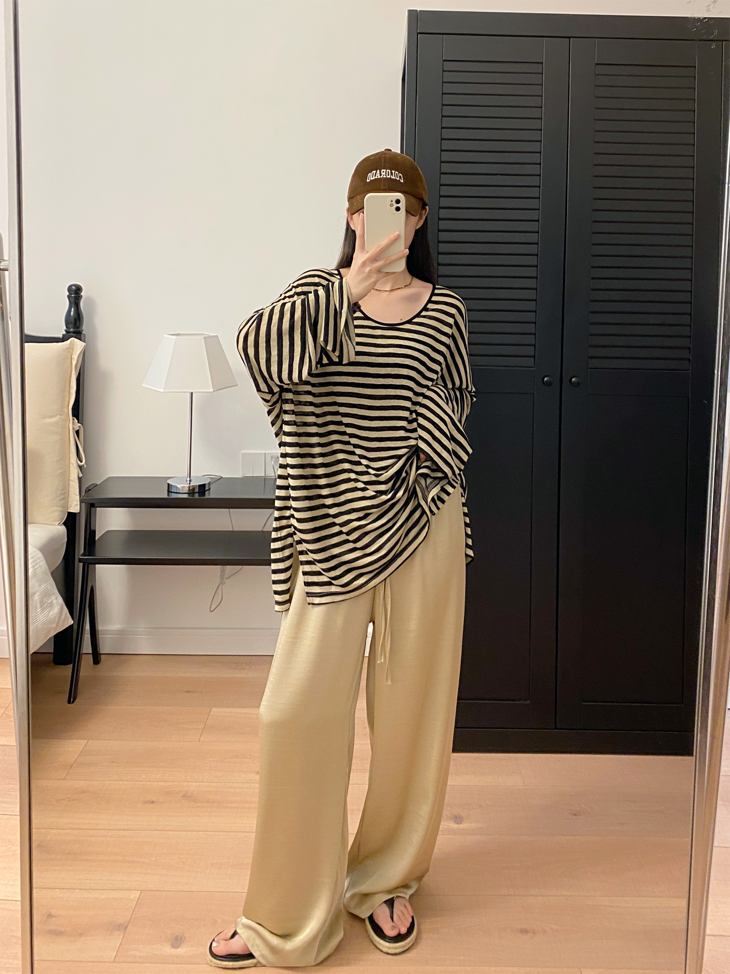 Oversized Striped U-Neck T-Shirt for Women - Sun Grapefruit Color, Thin Long Sleeve, Korean Style Summer Top for Sun Protection