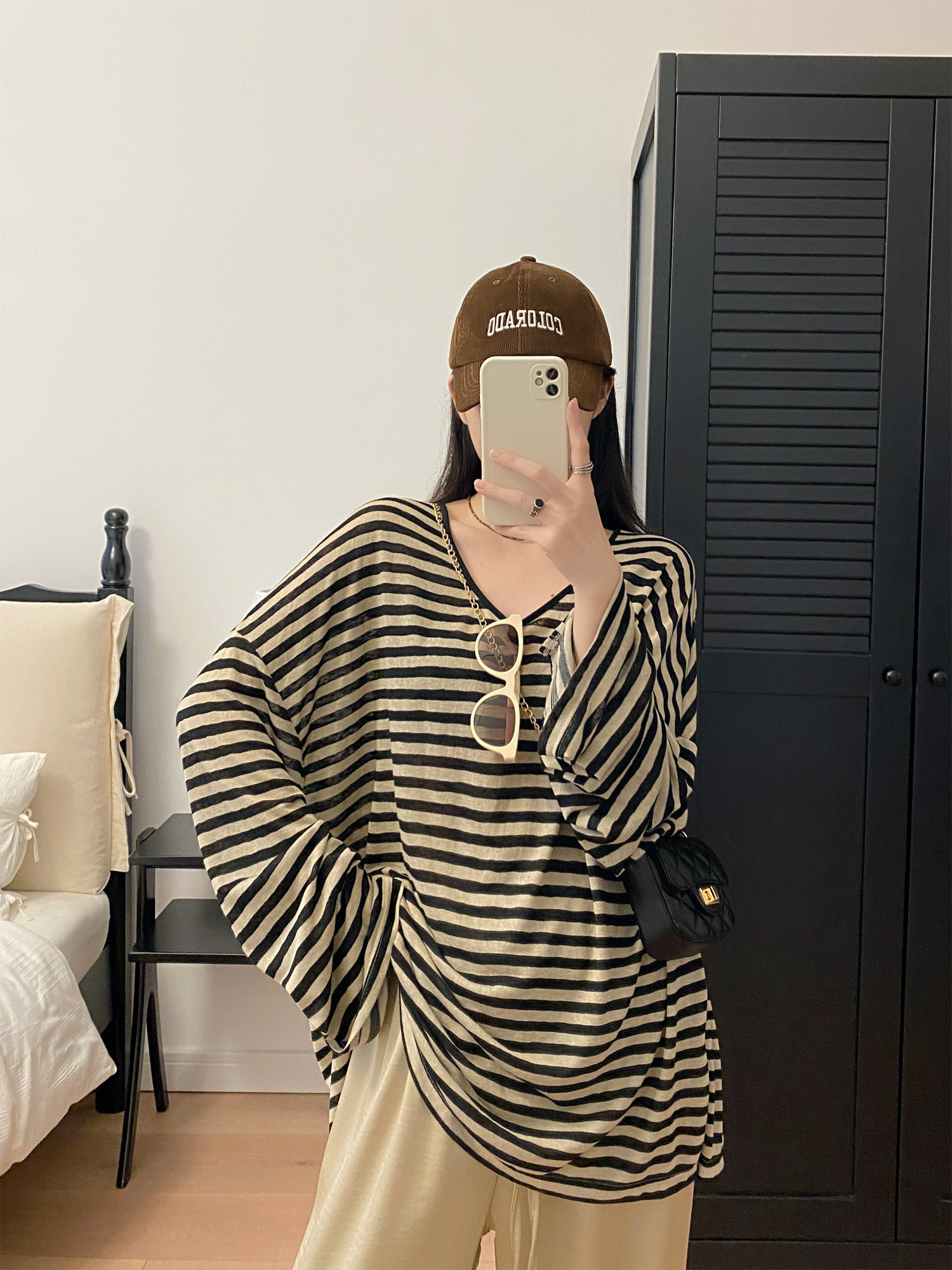 Oversized Striped U-Neck T-Shirt for Women - Sun Grapefruit Color, Thin Long Sleeve, Korean Style Summer Top for Sun Protection