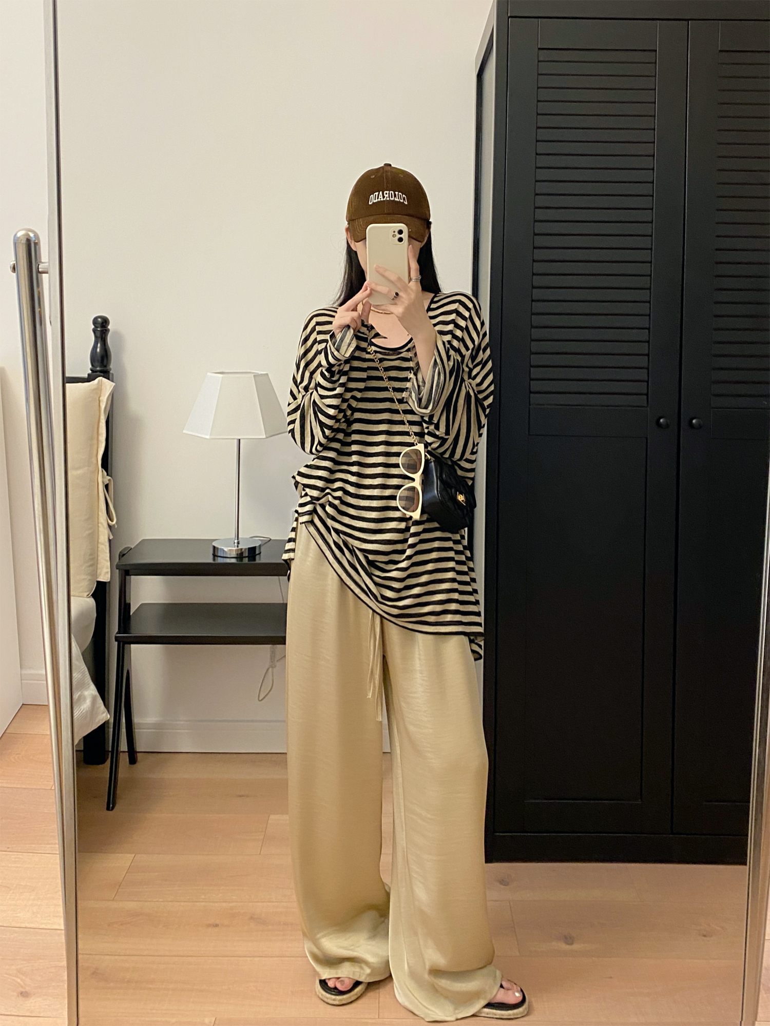 Oversized Striped U-Neck T-Shirt for Women - Sun Grapefruit Color, Thin Long Sleeve, Korean Style Summer Top for Sun Protection