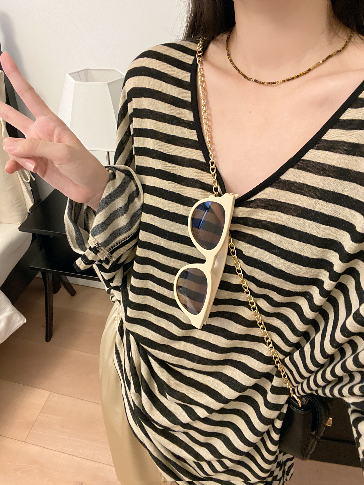 Oversized Striped U-Neck T-Shirt for Women - Sun Grapefruit Color, Thin Long Sleeve, Korean Style Summer Top for Sun Protection