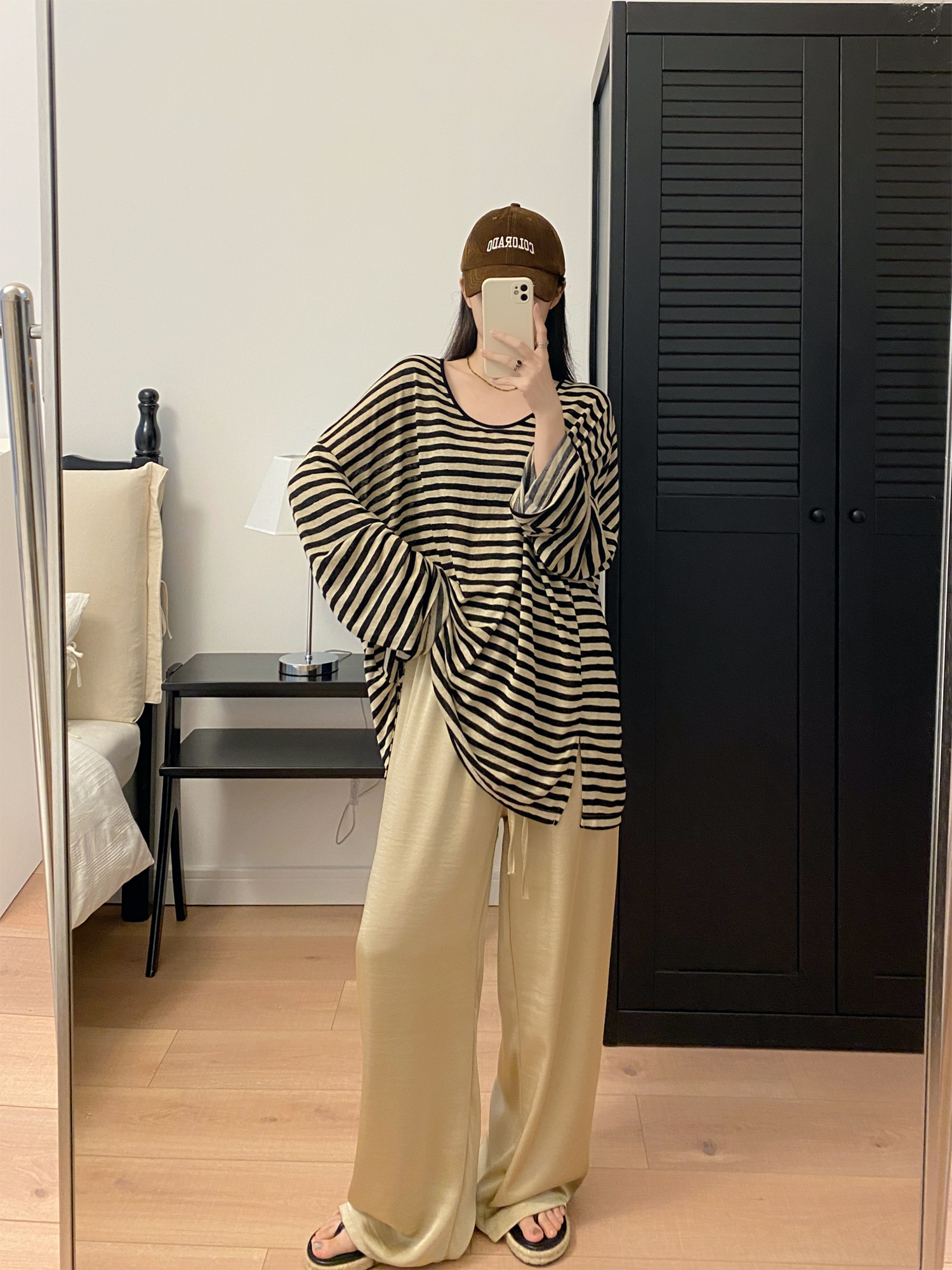 Oversized Striped U-Neck T-Shirt for Women - Sun Grapefruit Color, Thin Long Sleeve, Korean Style Summer Top for Sun Protection