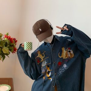 Oversized Vintage Denim Jacket with Cat Embroidery - Autumn 90s Style Fashion Outerwear