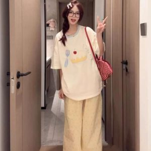 Patchwork Embroidered Cherry Cake Short Sleeve T-Shirt for Women - Summer 2025 Color-Blocked Trendy Top, Age-Reducing Style