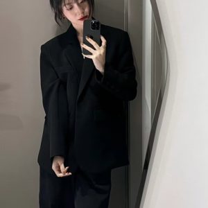 Petite Black Suit Jacket for Women - Trendy Slim Fit, Short Style, High-End Korean Fashion for Spring & Autumn 2025