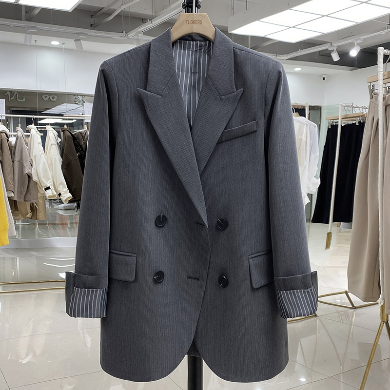 Petite Gray Blazer for Women with Striped Sleeves, Spring Autumn Suit, 2025 Trendy Korean Style Outerwear