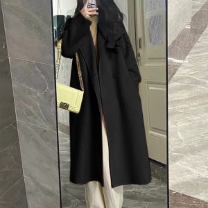 Petite Oatmeal Double-Sided Cashmere Coat for Women - Mid-Length High-End Woolen Outerwear for Autumn/Winter 2024