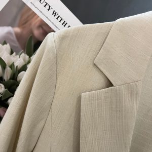 Petite Women's Spring Summer Beige Thin Three-Quarter Sleeve Suit Jacket - Short Fit, Trendy Fashion Outerwear