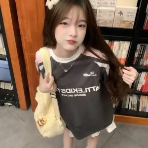 Pink Color-Blocked Raglan Short-Sleeve T-Shirt for Girls - American High Street Style, Summer Fashion for Big Kids, Junior High & High School