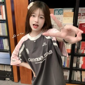 Pink Color-Blocked Raglan Short-Sleeve T-Shirt for Girls - American High Street Style, Summer Fashion for Big Kids, Junior High & High School