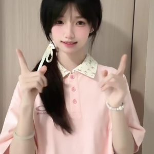 Pink Floral Patchwork Polo Collar Short-Sleeve T-Shirt for Women - Summer 90s Style Top for Juniors and Teens