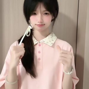 Pink Floral Patchwork Polo Collar Short-Sleeve T-Shirt for Women - Summer 90s Style Top for Juniors and Teens