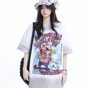 Pink Gradient Cartoon Print Loose-Fit Short-Sleeve T-Shirt for Women - American Style Heavy-Duty Casual Top