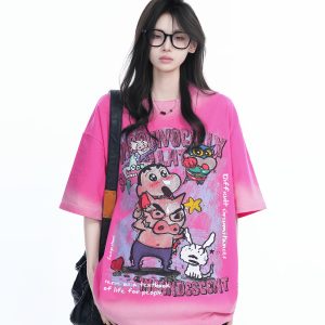 Pink Gradient Cartoon Print Loose-Fit Short-Sleeve T-Shirt for Women - American Style Heavy-Duty Casual Top