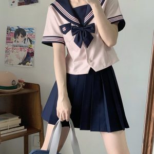 Pink JK Uniform Sailor Suit for Women - Camellia Floral Waist-Defined College Style Summer Short Sleeve Set