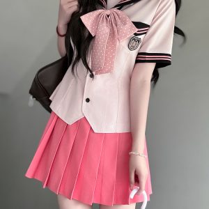 Pink Sailor Suit Women's JK Uniform with Navy Collar - Summer College Style Pudding Bear Inspired 2025 Fashion