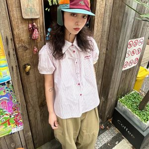 Pink Striped Short Sleeve Blouse for Women - Summer Puff Sleeve Jacket, Loose Slimming Top, Trendy Miu Style