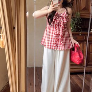 Plaid Bow Tie Sleeveless Top for Plus Size Women - Flattering Summer Blouse for Curvy Figures, Sweet Design and Age-Reducing Style