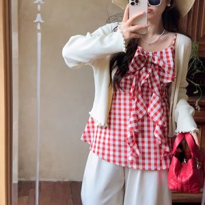 Plaid Bow Tie Sleeveless Top for Plus Size Women - Flattering Summer Blouse for Curvy Figures, Sweet Design and Age-Reducing Style
