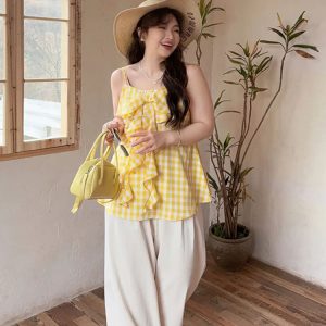 Plaid Bow Tie Sleeveless Top for Plus Size Women - Flattering Summer Blouse for Curvy Figures, Sweet Design and Age-Reducing Style