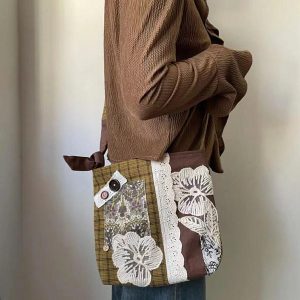 Plaid Bucket Bag with Lace Splicing - Versatile Shoulder & Crossbody Bag for Autumn and Winter Style
