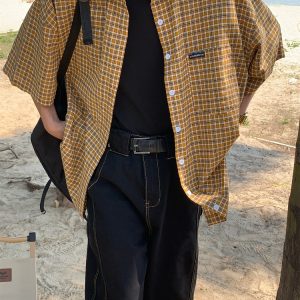 Plaid Short Sleeve Shirt for Women - Handmade Vintage Style - Loose Casual Summer Top - Versatile Niche Trend