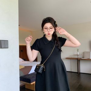 Playful Plus Size Little Black Dress with Polo Collar, Stretchy Slimming Puff A-Line Design for Effortless Style