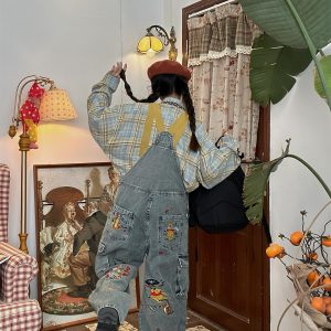 Playful Vintage Washed Blue Denim Overalls Unisex Jumpsuit - Retro Style Versatile Fashion for 90s & Y2K Aesthetic