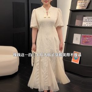 Plus-Size Chinese Style Summer Qipao Dress, Retro Mesh Splicing Skirt, Slimming National Wind Design for Plump Figures