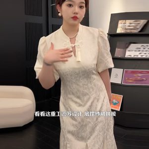 Plus-Size Chinese Style Summer Qipao Dress, Retro Mesh Splicing Skirt, Slimming National Wind Design for Plump Figures