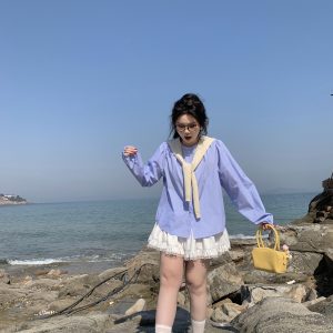 Plus Size Cute Academy Style Blue Striped Long Sleeve Shirt - Sea Salt Brandy Color, Round Neck, Slightly Chubby Fit