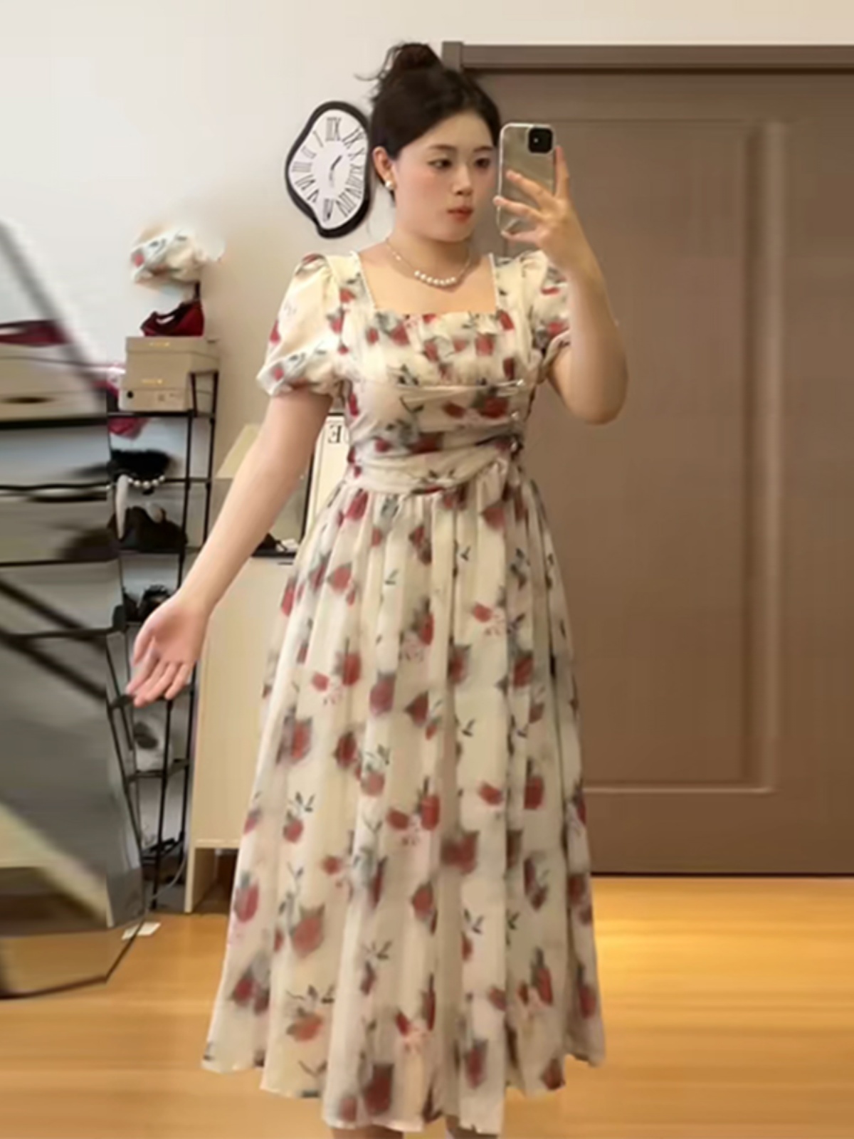 Plus-Size Floral Puff Sleeve Fairy Dress with Square Neck - Elegant Vintage Summer Style for Women