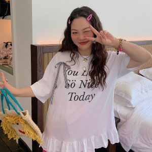 Plus Size Gold Lace Trim Letter T-Shirt for Women - Short Sleeve Summer 2025 Slimming Top, Great for Covering Belly