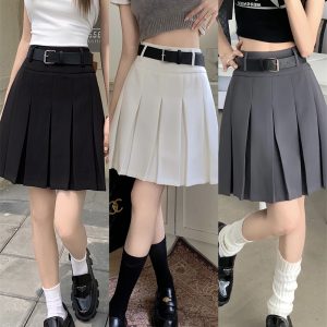 Plus Size Gray College-Style Pleated Skirt for Women, High-Waisted A-Line Short Skirt, Trendy Casual Fashion