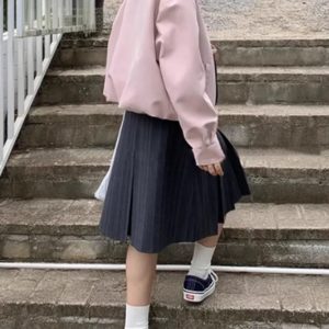 Plus-Size Gray Striped High-Waisted A-Line Mid-Length Pleated Skirt for Women - Summer Fashion Essential