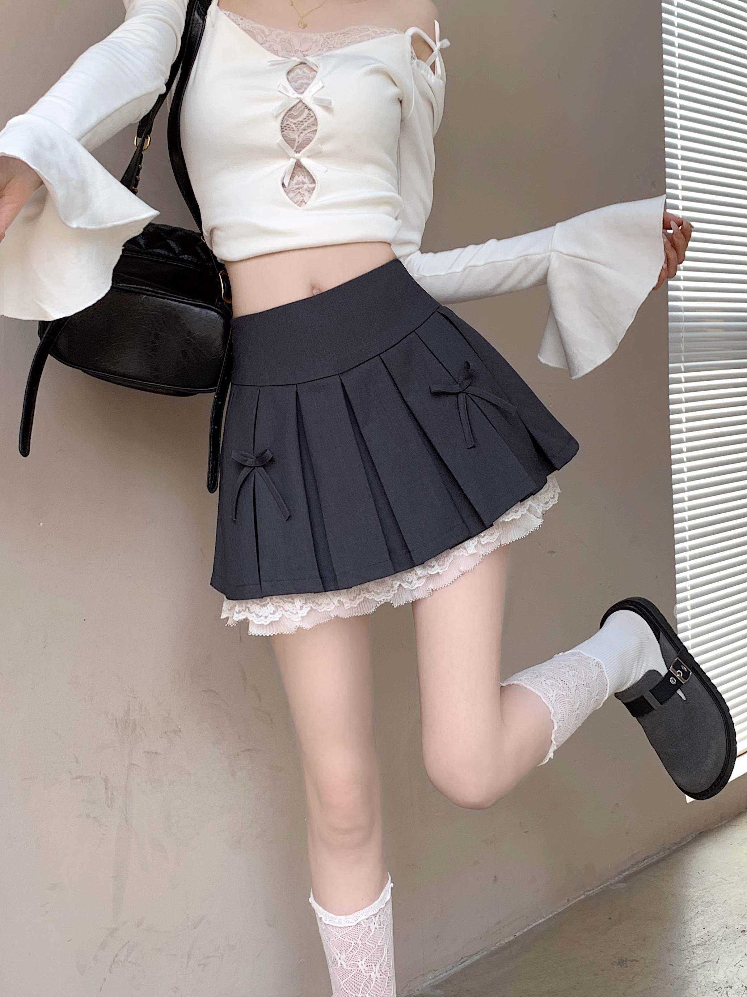 Plus Size High-Waisted A-Line Puff Skirt with Lace Trim and Bow, Gray Summer Design, Pleated Short Skirt for Women