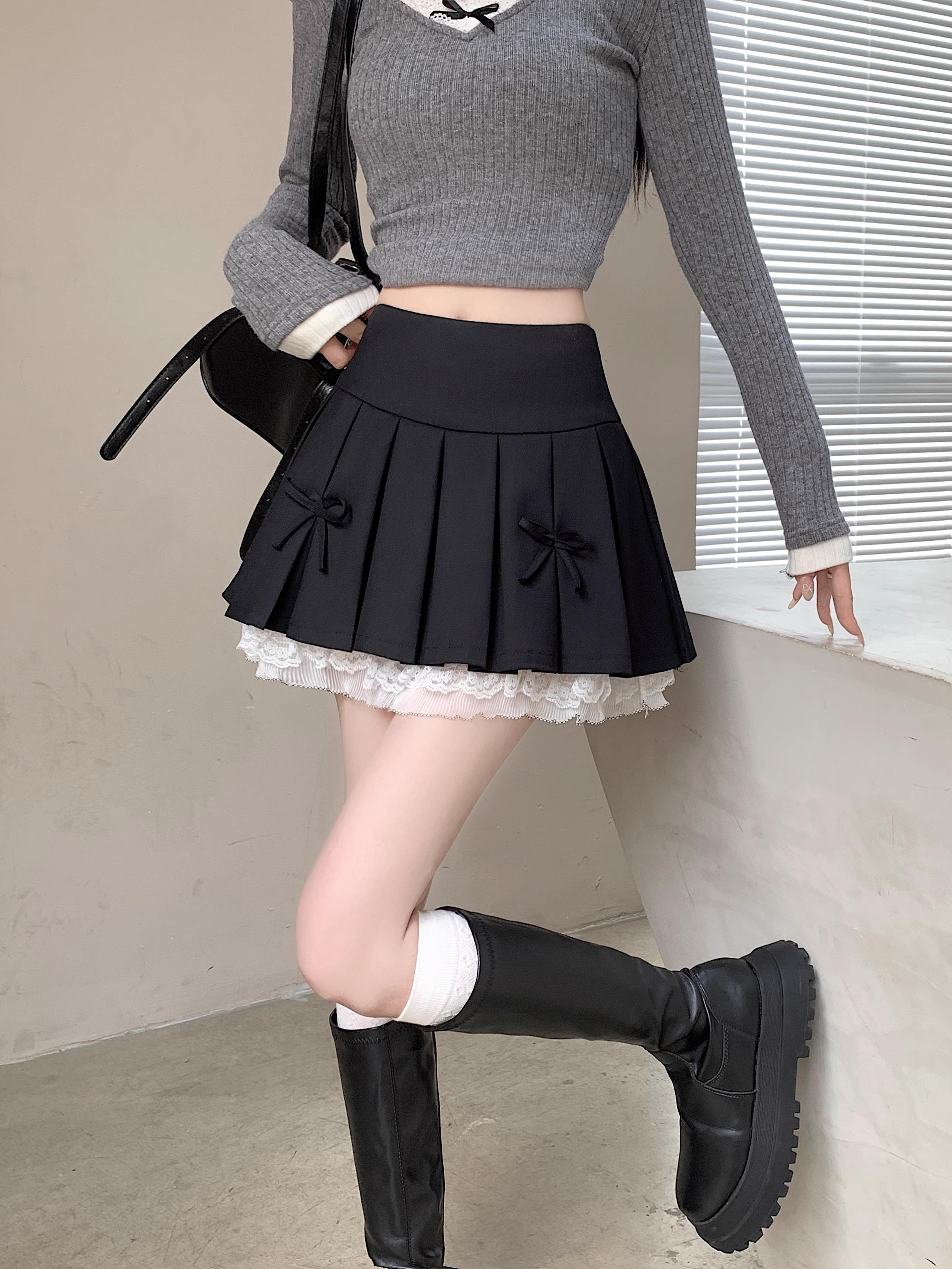 Plus Size High-Waisted A-Line Puff Skirt with Lace Trim and Bow, Gray Summer Design, Pleated Short Skirt for Women