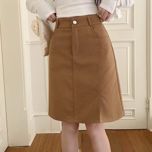 Plus Size Khaki Denim Midi Skirt for Women, Summer High-Waisted A-Line Bodycon with Slimming Split Design