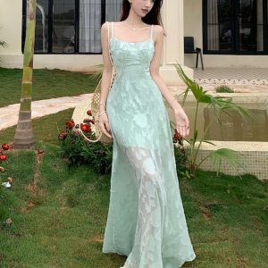 Plus Size Lace Mesh Camisole Dress for Women, Summer French Style, Waist-Cinching A-Line Long Dress for Beach Vacation