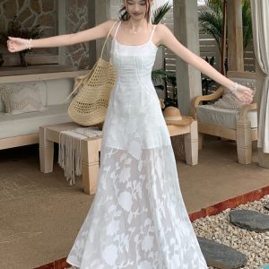 Plus Size Lace Mesh Camisole Dress for Women, Summer French Style, Waist-Cinching A-Line Long Dress for Beach Vacation