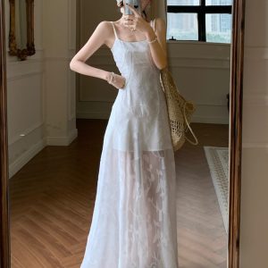 Plus Size Lace Mesh Camisole Dress for Women, Summer French Style, Waist-Cinching A-Line Long Dress for Beach Vacation