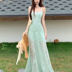 Plus Size Lace Mesh Camisole Dress for Women, Summer French Style, Waist-Cinching A-Line Long Dress for Beach Vacation