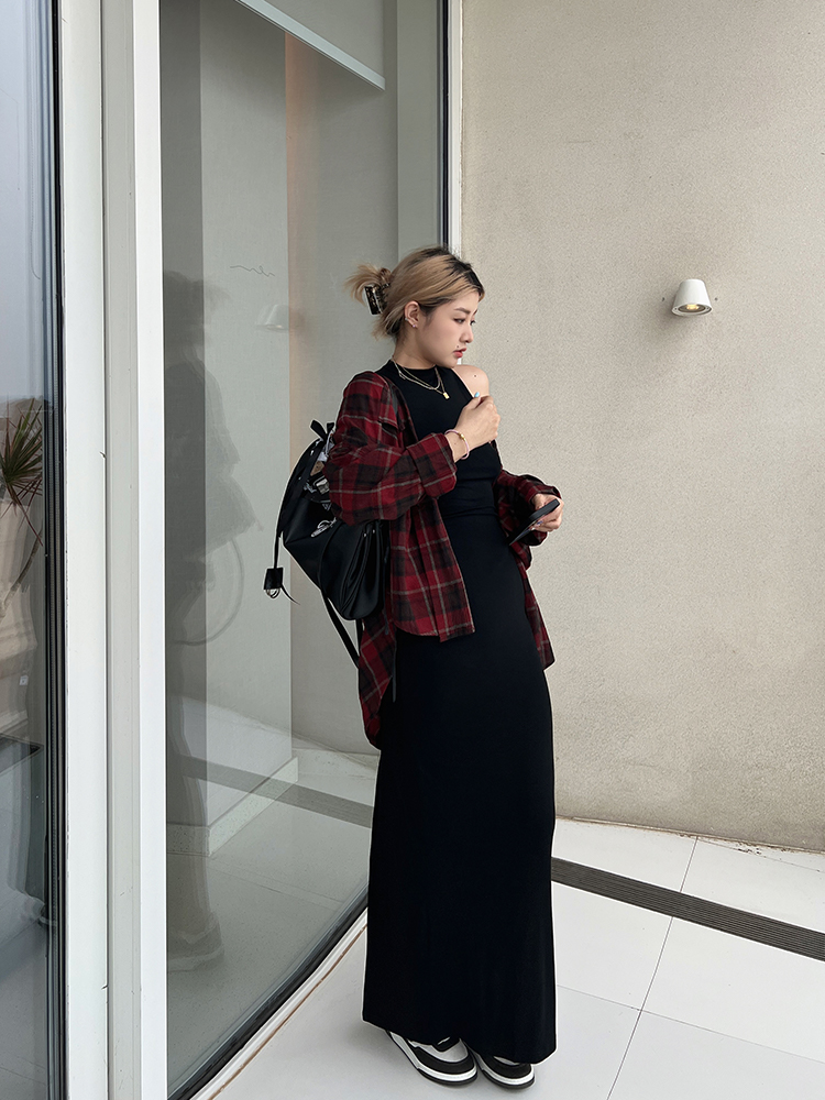 Plus Size Loose Long Sleeve Plaid Shirt in Red and Black Color Block - Minimalist Retro Style for Summer and Autumn Fashion