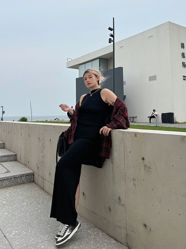 Plus Size Loose Long Sleeve Plaid Shirt in Red and Black Color Block - Minimalist Retro Style for Summer and Autumn Fashion