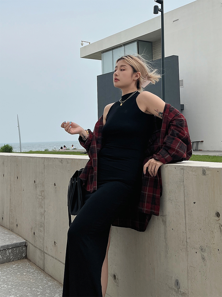 Plus Size Loose Long Sleeve Plaid Shirt in Red and Black Color Block - Minimalist Retro Style for Summer and Autumn Fashion