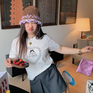 Plus Size Love Heart Bow Short Sleeve T-shirt for Women - Unique Beautiful Design - Spring/Summer 2025 - Y2K Korean Style Fashion