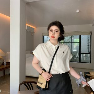 Plus Size Relaxed Old Money Style Short Sleeve Shirt with Flutter Sleeves for High-Ranking Female Protagonists