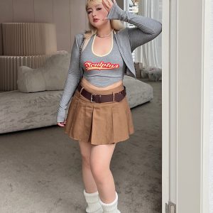 Plus Size Retro Coffee Color Pleated A-Line Mini Skirt - American Style College Fashion, Solid Color, Slim Fit